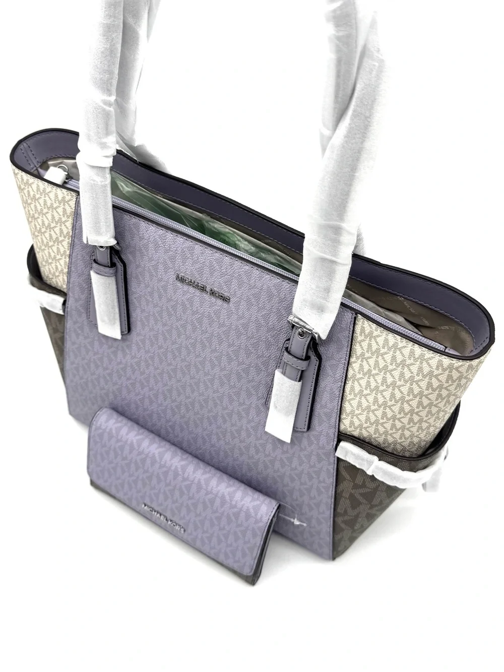 Michael Kors Voyager Large Color-Block Tote Bag w Matching Trifold Wallet Lilac